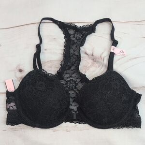 Victoria's Secret Black Lace Racerback Demi 32B Lightly Lined Front Closure